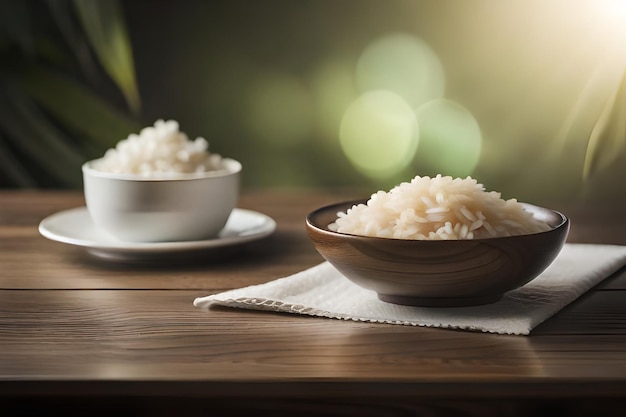 Rice in a bowl with a spoon and a bowl of rice