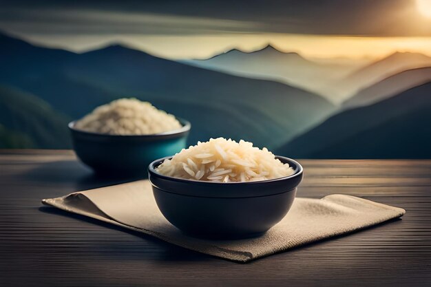 rice in a bowl with a sunset in the background