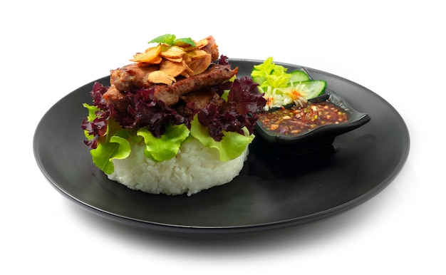 Rice Burger Juicy Grilled Pork (moo-ping) served chilli sauce Thaifood fusion style decorate vegetable sideview