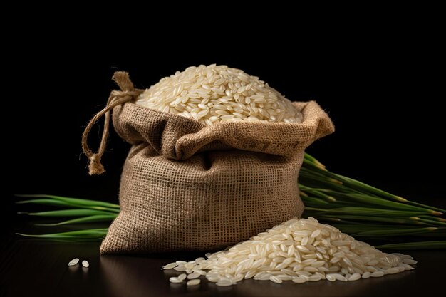 Rice In Burlap Sack Bag with On Black Background