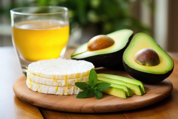 Rice cake avocado chunks and a lemon wedge on a brunch table