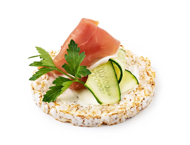 Rice cakes with cream cheese prosciutto and cucumber