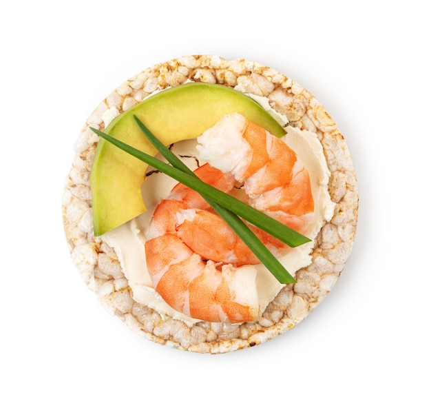 Rice cakes with cream cheese shrimp avocado and parsley
