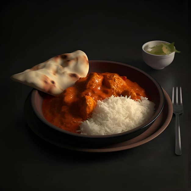 Rice and chicken curry served with naan bread on dark background