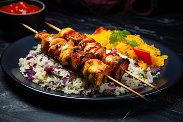 Photo rice and chicken skewers with condiments on a plate in a restaurant