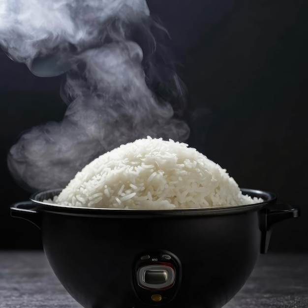 Photo rice cooking in electric rice cooker with steam on dark background soft focus