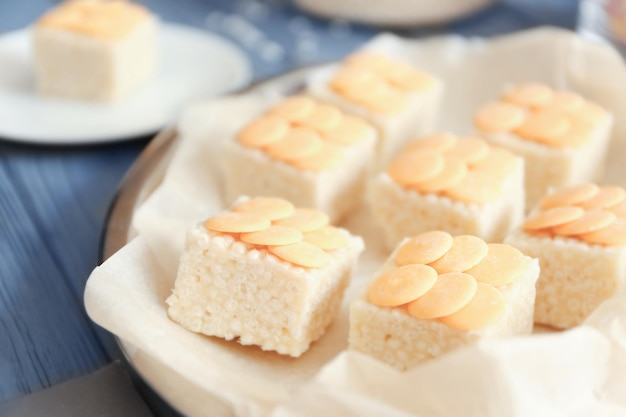 Rice crispy treats on metal tray