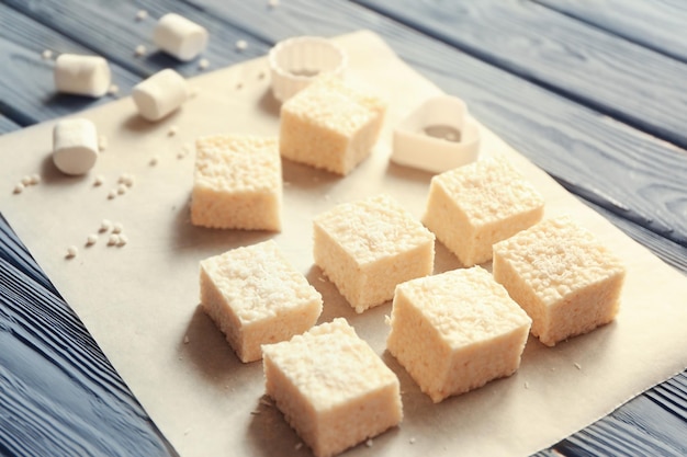 Rice crispy treats on parchment paper