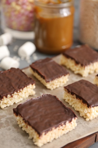 Rice crispy treats on parchment paper