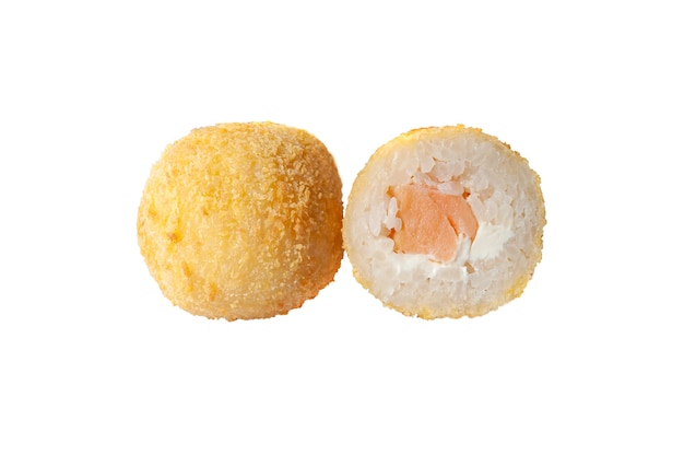 Rice croquettes with cottage cheese and salmon in breadcrumbs. Deep-fried. Close-up. White background. Isolated.