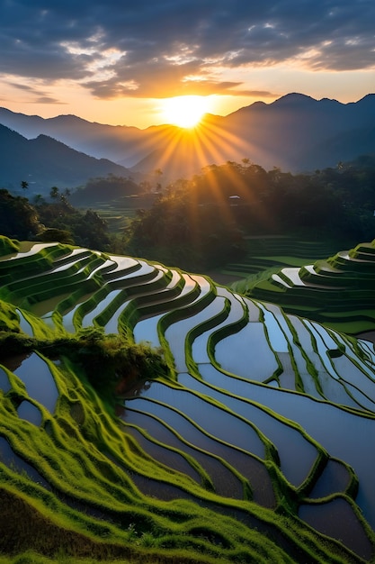 A rice field in the mountains at sunset