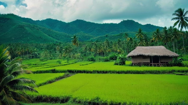 Rice Field With a Hut in the Center