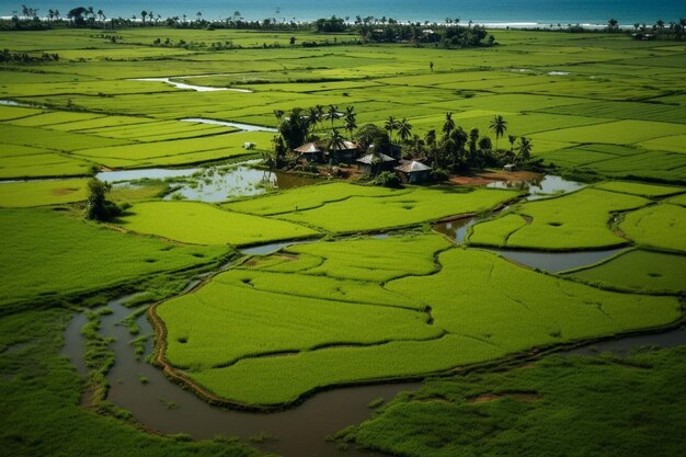 Photo a rice field with rice fields and a small village in the background