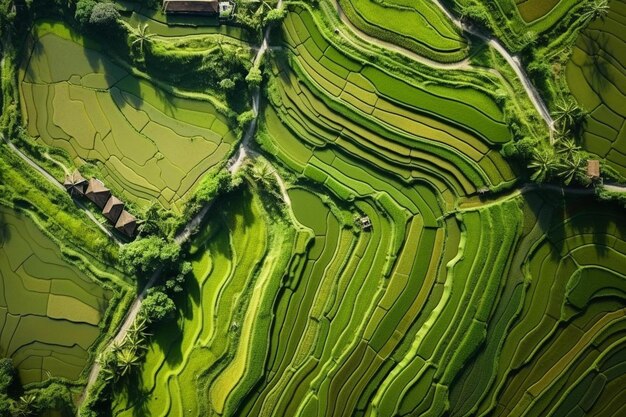 Photo a rice field with rice terraces and houses in the background