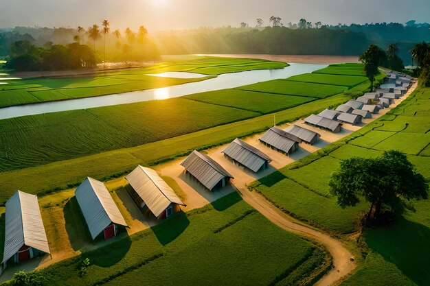 A rice field with a sunset in the background