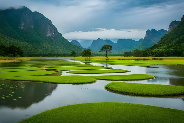 照片稻田与山脉景观背景