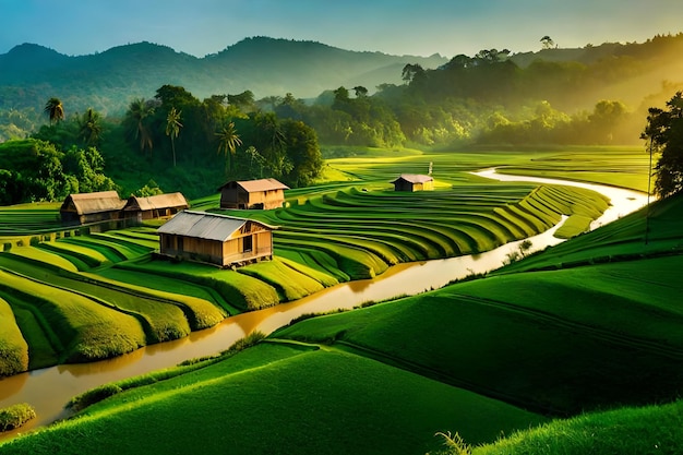 rice fields in the morning