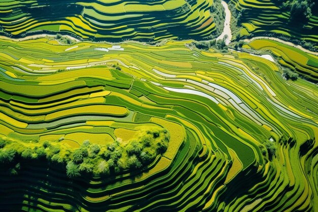 Photo rice fields in the sky with fields and trees