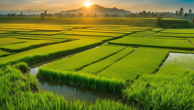 Photo rice fields in the sunset