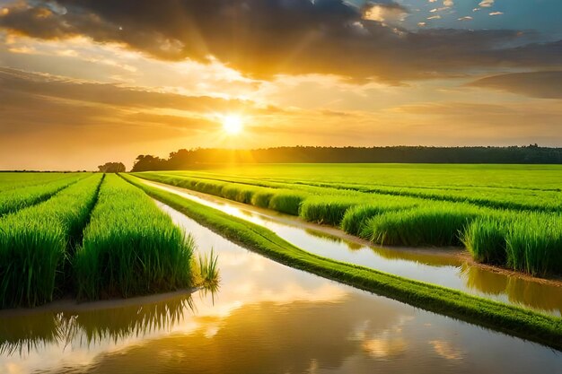 Photo rice fields in the sunset