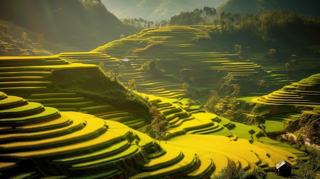 Рисовые поля на террасах Му Кан Чай, Йенбай, Вьетнам. Рысовые поля готовят урожай на северо-западе Вьетнама, вьетнамские ландшафты, генеративная технология искусственного интеллекта