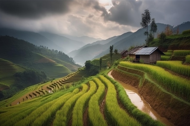 Photo rice fields on terraced with wooden pavilion in mu cang chai yenbai vietnam