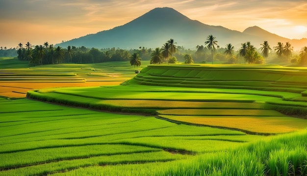 rice fields with a mountain in the background