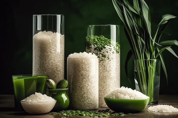 Rice in a glass cups with green peas on the table