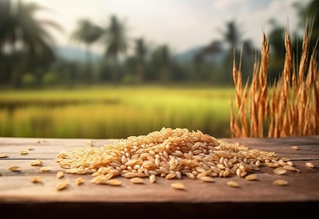 Rice grains on a wooden table in front of a field