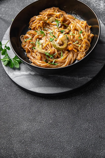 rice noodles vegetables, soy sauce, coconut cream, glass noodle meal food snack on the table