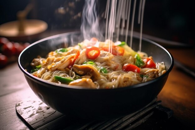 Premium Photo | Rice noodles with chicken and vegetables
