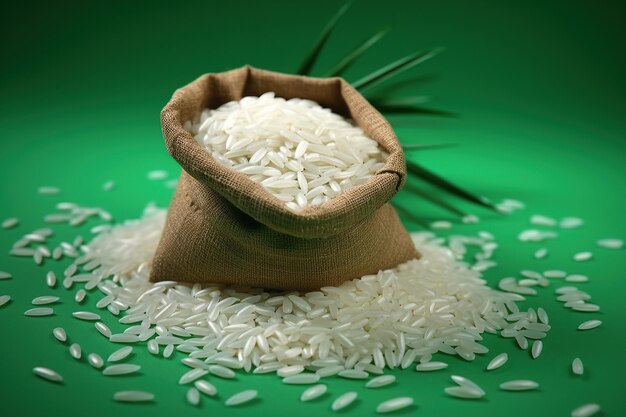 Rice in an open white sack on green background Generative AI