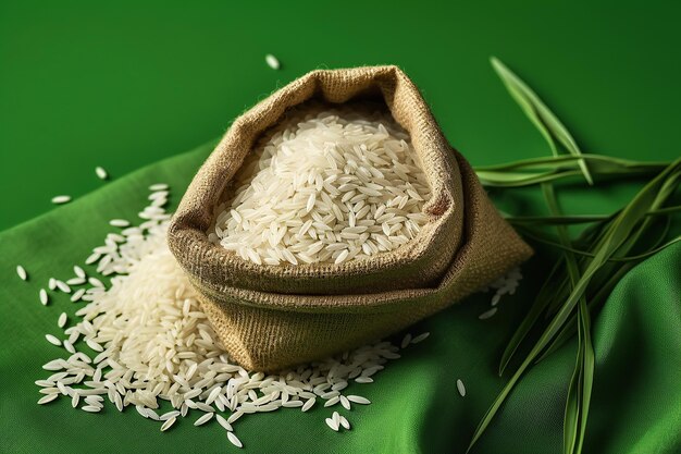 Rice in an open white sack on green background Generative AI