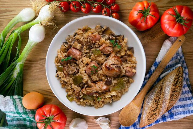 Rice paella with rabbit sausages and green beans Tapa traditional recipe in Valencia Spain