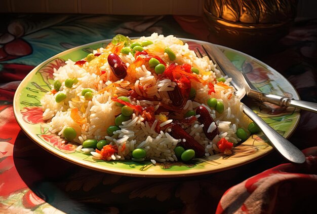 인상파 색채주의 스타일의 양파와 함께 접시에 쌀과 완두콩