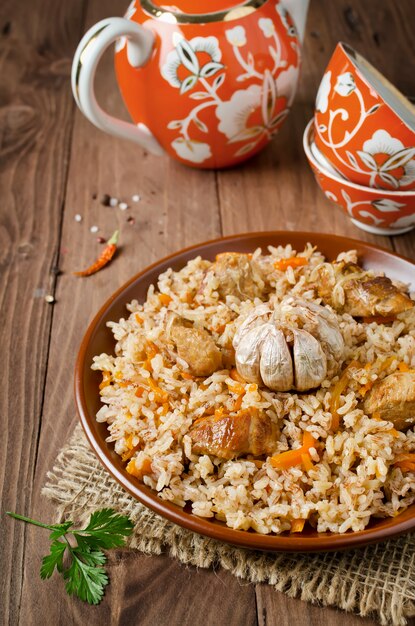 Rice pilaf with meat and vegetables