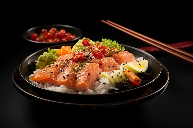 Rice in a plate with red fish tomatoes and chili pepper