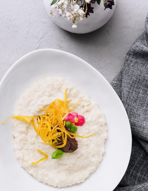 Rice porridge with ganache top view