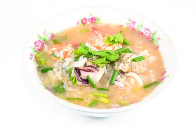 rice porridge with porkshrimp and squid' thai breakfast isolate on white