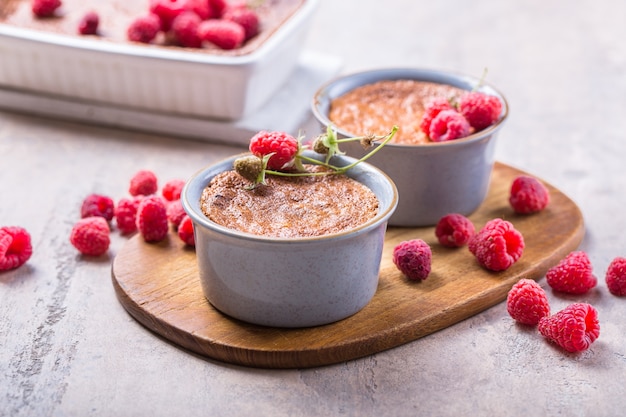 Rice pudding dessert with raspberries