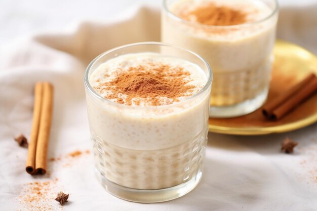 Rice pudding drink glass topped with cinnamon powder
