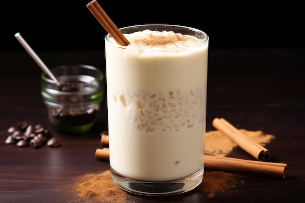 Rice pudding drink in a tall glass with a straw