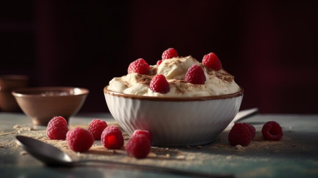 Rice Pudding Tiramisu Bowl With Raspberry And Whipped Cream