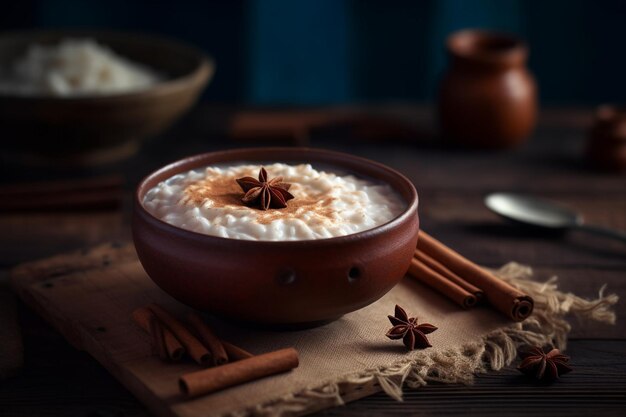 Rice pudding with cinnamon on wooden background