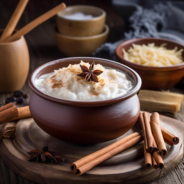 Photo rice pudding with cinnamon on wooden surface generative ai