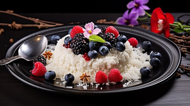 Photo rice pudding with forest fruits on a plate