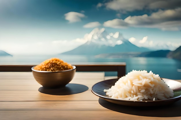Rice and rice on a table with a mountain in the background.