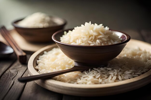 rice and rice on a wooden table with spoons and rice