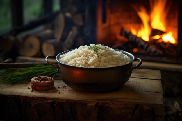 Rice in a rustic bowl with campfire in background created with generative ai