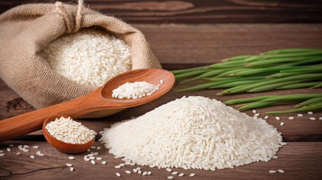 Rice in a sack and a wooden spoon with green onions on the side